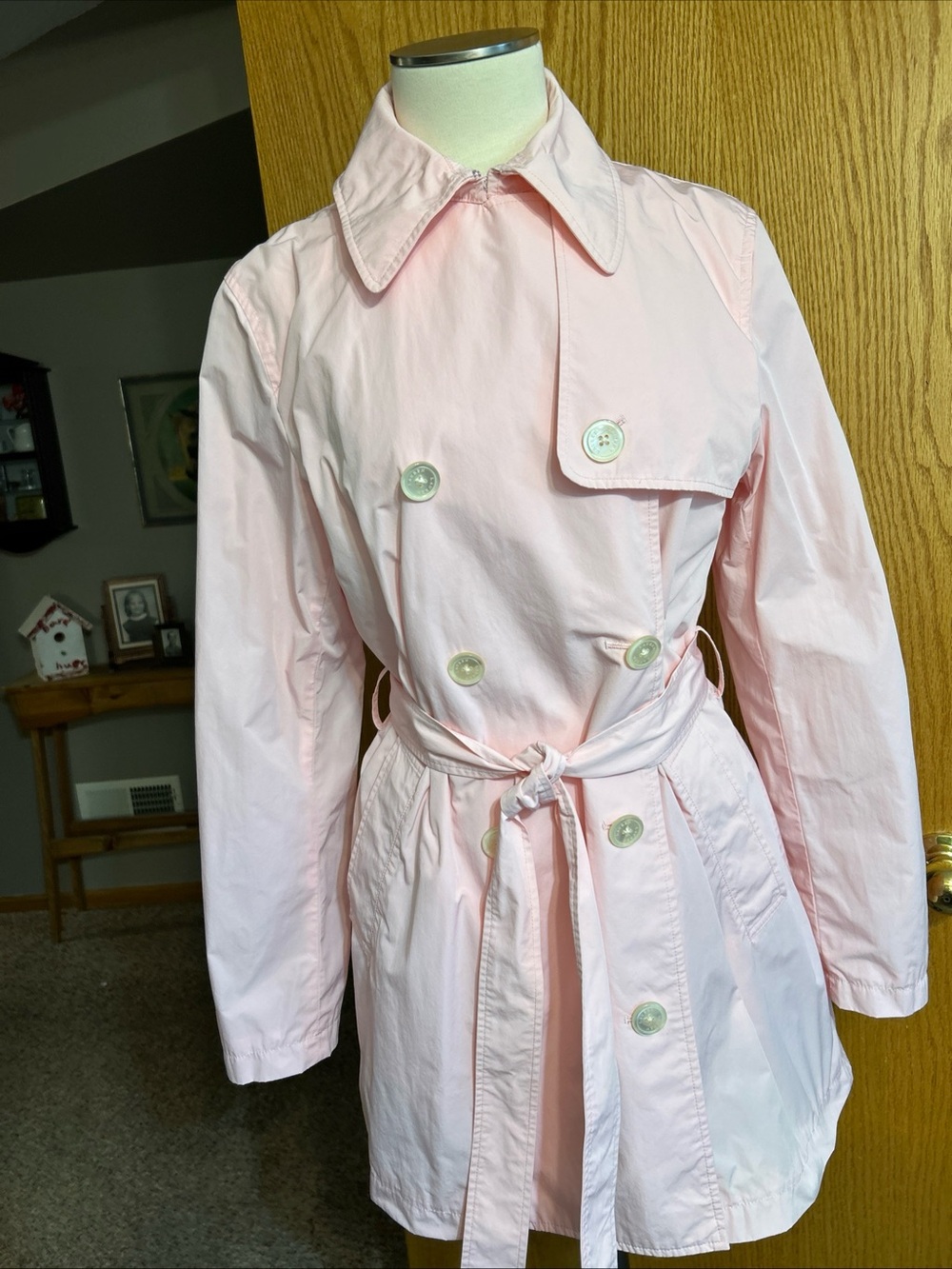 RLR Ralph Lauren Pink Trench Double Breasted Vented Belted Raincoat Large Flawed - Picture 2 of 14